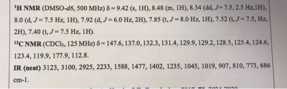 IH NMR (DMSO-d6, 500 MHz) 8 = 9.42 (s, 1H), 8.48 (m, 1H), 8.34 (dd, J= 7.5, 2.5 Hz,1H), 8.0 (d, J= 7.5 Hz, 1H), 7.92 (d, J =