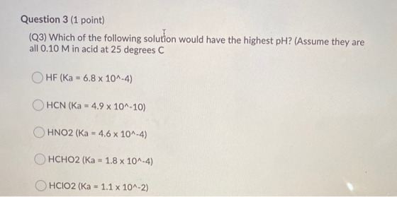 Question 3 (1 point) (Q3) Which of the following solution would have the highest pH? (Assume they are all 0.10 M in acid at 2