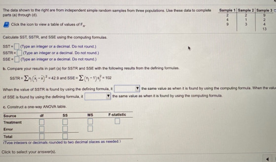 The data shown to the right are from independent simple random samples from three populations. Use these data to complete par