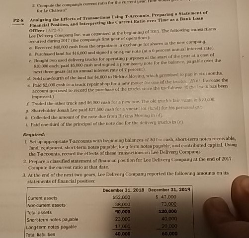 2 Compute the companys current ratio for the current yent. H for Le Chateau? Analyzing the Erfects of Transactions Using T-Ac