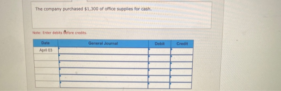 The company purchased $1,300 of office supplies for cash. Note: Enter debits Before credits. Date General Journal Debit Credi