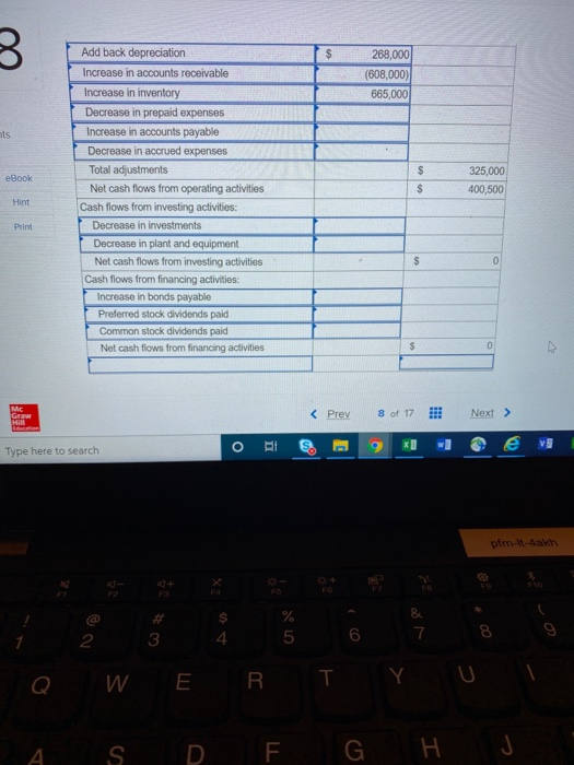 3 268,000 (608,000) 665,000 nts $ eBook 325,000 400,500 $ Hint Add back depreciation Increase in accounts receivable Increase