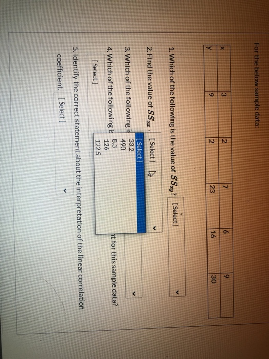 For the below sample data: 3 X 2 6 7 9 9 23 16 30 N у 1. Which of the following is the value of SSxy? (Select] 2. Find the va