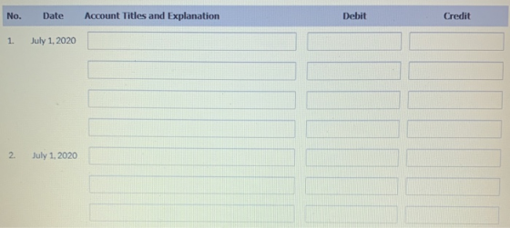 No. Date Account Titles and Explanation Debit Credit 1. July 1, 2020 2. July 1, 2020