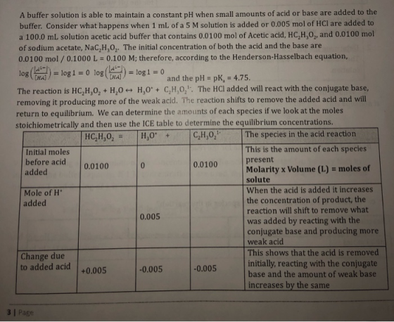 A buffer solution is able to maintain a constant pH when small amounts of acid or base are added to the buffer. Consider what