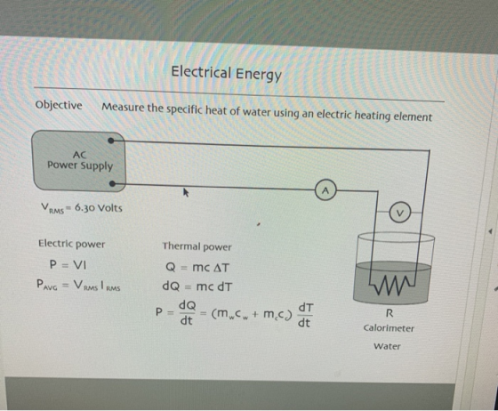 Electrical Energy objective Measure the specific heat of water using an electric heating element АС Power Supply VRMs = 6.30
