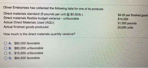 Oliver Enterprises has collected the following data for one of its products: Direct materials standard (8 pounds per unit @ $0.5ОЛЬ.) Direct materials flexible budget variance-unfavorable Actual Direct Materials Used (AQU) Actual finished goods produced $4.00 per finished good $14,000 31,000 pounds 20,000 units How much is the direct materials quantity variance? O A. $80,000 favorable O B. $80,000 unfavorable O C. $15,500 unfavorable O D. $64,500 favorable