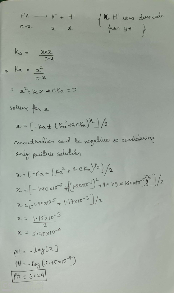 HA - 2 H+ ions dissociate À + H+ x x from HA ? Xxx c-a > Ka = x² 3 x?t kax & Cka=0 solling for a x= [-kat (Kätacka) %2]/2 con