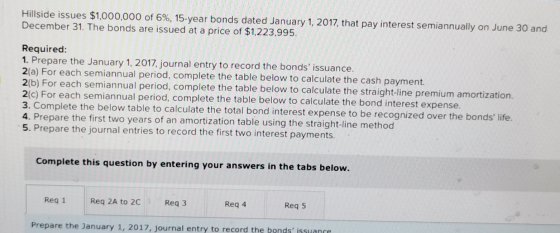 Hillside issues $1,000,000 of 6%, 15-year bonds dated January 1, 2017, that pay interest semiannually on June 30 and December
