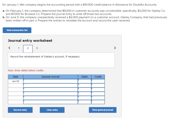 On January 1. Wei company begins the accounting period with a $41,000 credit balance in Allowance for Doubtful Accounts. a. O