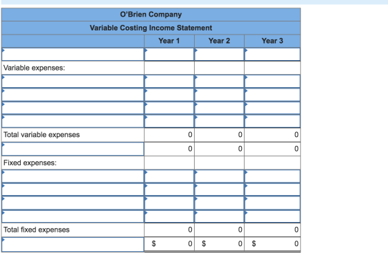 OBrien Company Variable Costing Income Statement Year 1 Year 2 Year 3 Variable expenses: | Total variable expenses | 이 0 이 0