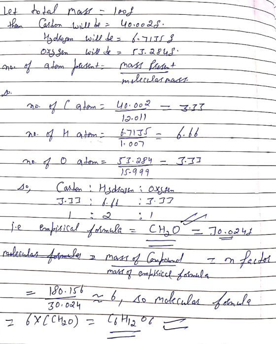 Let total mass a lood them Carbon will be = 40.00 28. - Hydsogn will be= 6.71558 Oxygen will be 53.2848. no. of atom folisent