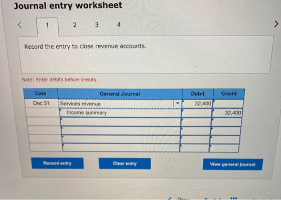 Journal entry worksheet < 1 2 3 4 Record the entry to close revenue accounts. Note: Enter debits before credits. Date General