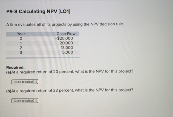 P9-8 Calculating NPV (LO1) A firm evaluates all of its projects by using the NPV decision rule. Year O-NM Cash Flow -$25,000