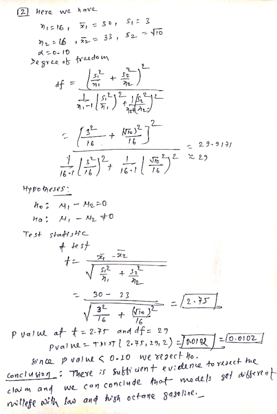 (2) Here we have M,516, 7, = 30, S1E3 33, S2 - YO 22:16 20.10 Degree of freedom 29.91 van vous voye 23 Hypo meses: Hoi 14, -