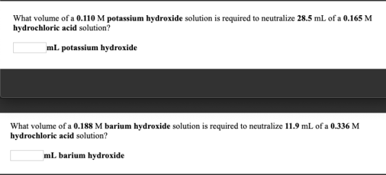 What volume of a 0.110 M potassium hydroxide solution is required to neutralize 28.5 mL of a 0.165 M hydrochloric acid soluti
