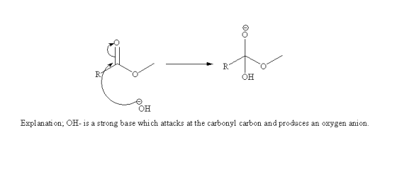 R: он R: он Explanati on, OH- is a strong base which attacks at the carbonyl carbon and produces an oxygen anion.