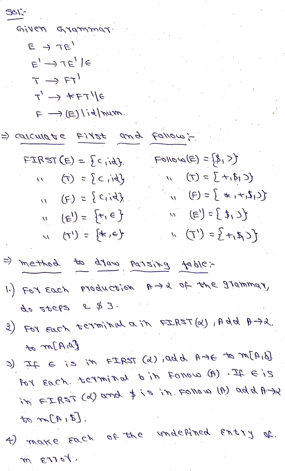 Sol Given Grammar. E TE ETELE FT T *FTlle (E) lidlum. T + - TT = calculate First and follow t. FIRST(E) = {ciid}: () = {cri