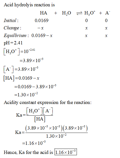 Acid hydrolyis reaction is Initial: Change: Equilbril n: 00169-x pH- 2.41 H,O-1-10-241 0.0169 0 0 3.89x10 [A ]-3.89x10* [HA]-