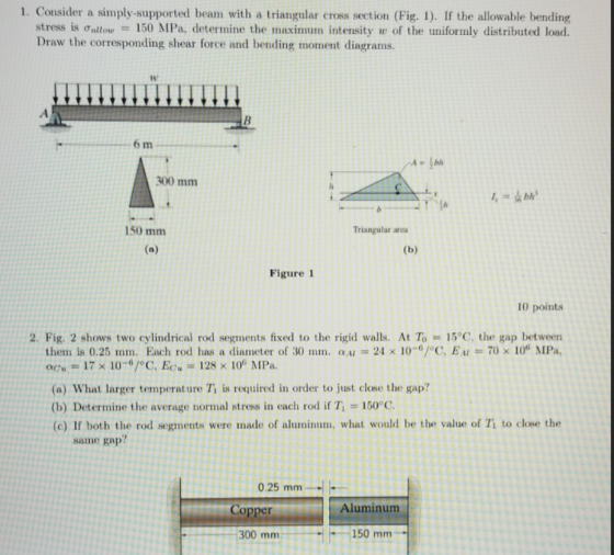 1. Consider a simply-supported beam with a triangular cross section (Fig. 1). If the allowable bending stress is oallow = 150