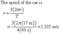 The speed of the car is 3(27r) 3(27(17 m)) 1.335 m/s 4(60 s)