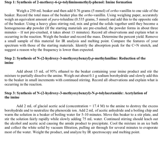 Step 1: Synthesis of 2-methoxy-6-(p-tolyliminomethyl)-phenol: Imine formation Weigh a 250 mL beaker and then add 0.76 grams (