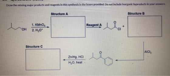 Draw the missing major products and reagents in this synthesis in the boxes provided. Do not include inorganic byproducts in