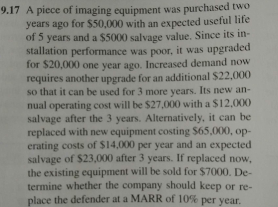 9.17 A piece of imaging equipment was purchased two years ago for $50,000 with an expected useful life of 5 years and a $5000