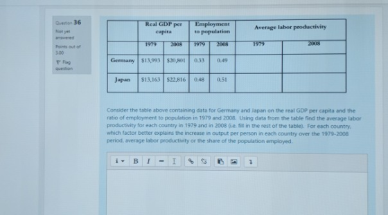 Question 36 Not yet andwered Points out of 3.00 Real GDP per Employment to population Average labor productivity capita 92008 Germany $13,993 $20,801 0330.49 Japan $13,163 $22,816 048 051 1979 1979 2008 1979 2008 Flag Consider the table above containing data for Germany and Japan on the real GDP per capita and the ratio of employment to population in 1979 and 2008. Using data from the table find the average labor productivity for each country in 1979 and in 2008 e. fill in the rest of the table). For each country which factor better explains the increase in output per person in each country over the 1979-2008 period, average labor productivity or the share of the population employed.