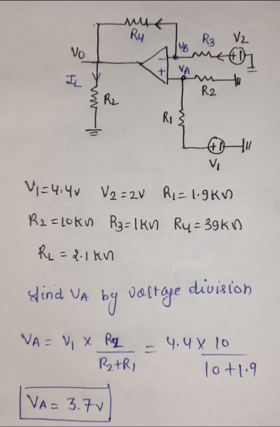 ute Ry R3 V2 Vo VB mel + VA to R2 R₂ Ri 40LM Vi V=4.40 V2=2V Ri= 1.9 KN R2 = lokn Rz=1kn Ry=39kn R = 2.1kn Lind VA division v