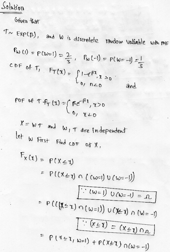 Solution Gliven that T~ EXPLB), and W is discretele random valiable with PNP PwCl) PCW=1) = ?, PwC-1) = plw= 1) CDF of T, FT(