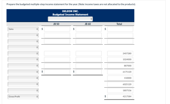 Prepare the budgeted multiple-step income statement for the year. (Note: income taxes are not allocated to the products). DEL