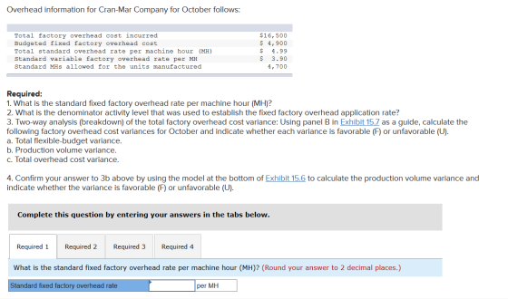 Overhead information for Cran-Mar Company for October follows: $16,500 $4,900 Total factory overhead cost incurred Budgeted f