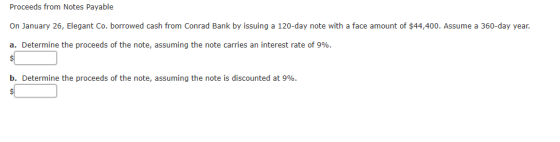 Proceeds from Notes Payable On January 26, Elegant Co. borrowed cash from Conrad Bank by issuing a 120-day note with a face a