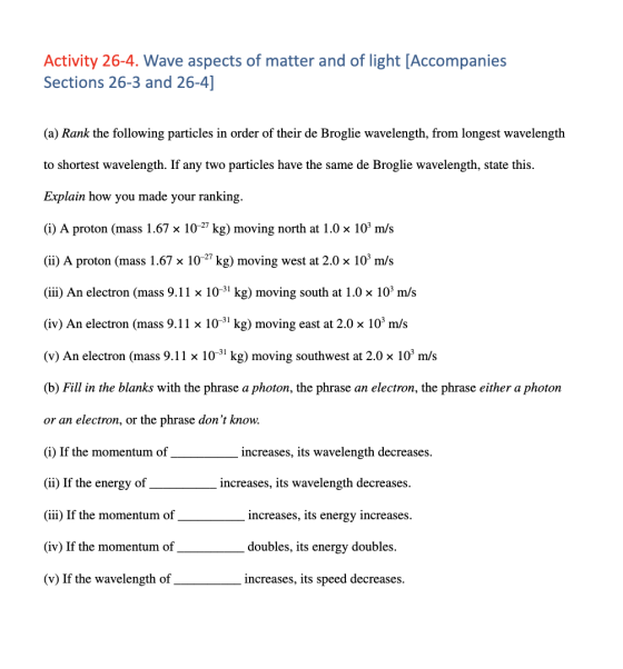 Activity 26-4. Wave aspects of matter and of light [Accompanies Sections 26-3 and 26-4] (a) Rank the following particles in o