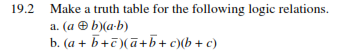 19.2 Make a truth table for the following logic relations. a. (a b)(a-b) b, (a + b+c)( а + b + c)(b + c)