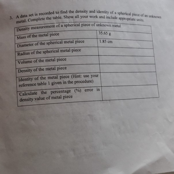 3. A data set is recorded to find the density and ide metal. Complete the table. Show all y nsity and identity of a spherical