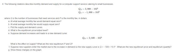 4. The following relations describe monthly demand and supply for a computer support service catering to small businesses. Qp