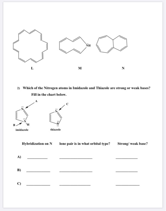 2) Which of the Nitrogen atoms in Imidazole and Thiazole are strong or weak bases? Fill in the chart below. imidazole thiazol