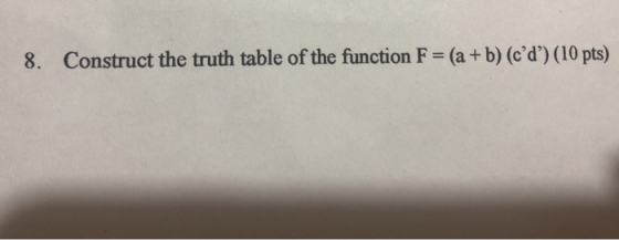 Construct the truth table of the function F = (a + b) (cd) (10 pts) 8.
