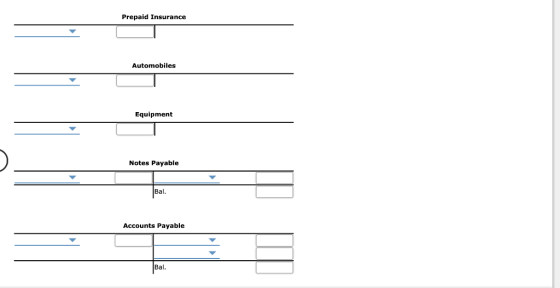 Prepaid Insurance Automobiles Equipment Notes Payable Bal. Accounts Payable Bal.