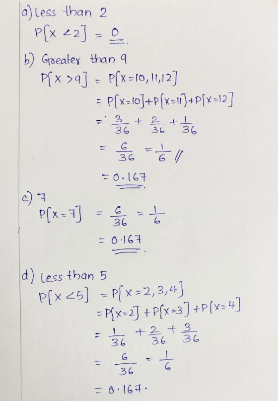 (a) less than 2 P[x e2] = 0 b) Greater than a P(x >9] = P(x=10,11,12] = P(x=10]+P[x=11]+P[x=12] = 36+ 36 + 36 = G = = 1 = 0.1