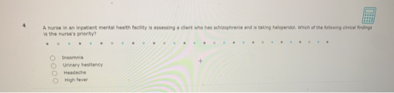 A nurse in an inpatient mental health facility is assessing a client who has schizophrenia and is taking haloperidol. Which o