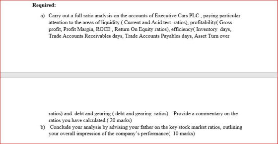 Required: a) Carry out a full ratio analysis on the accounts of Executive Cars PLC, paying particular attention to the areas