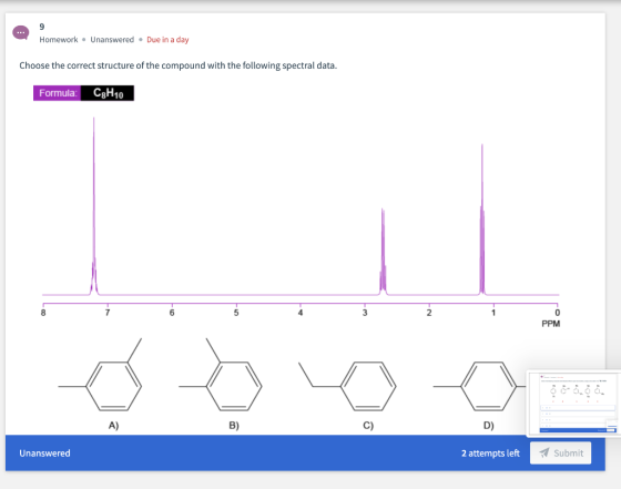 Homework. Unanswered. Due in a day Choose the correct structure of the compound with the following spectral data. Formula: Cg