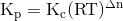 \mathrm{K_{p}=K_{c}(RT)^{\Delta n}}