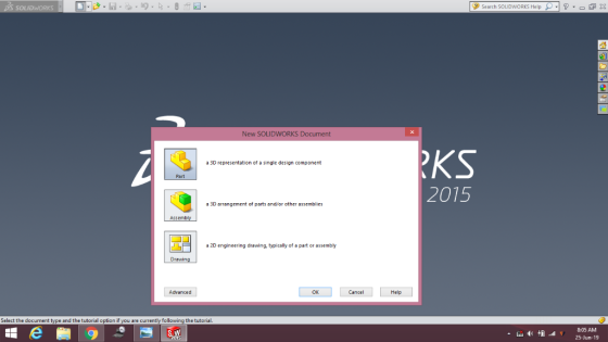 Search SOLIDVwORKS Help X DS SOLIDWORKS New SOLIDWORKS Document KS a 3D representation of a single design component Part 2015