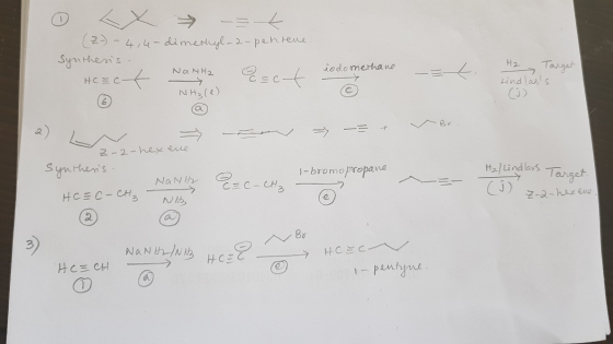 (2-) - 4,4-dimethyl-2-pentene Synthesis. NaNH2 HCC NH₃(e) HH2 iodomethane = ct H2 Target Lindlass @ Br. => -3 + z-2-hex ene