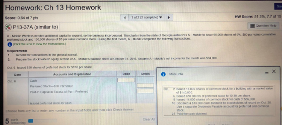 Homework: Ch 13 Homework Sav Score: 0.64 of 7 pts 1 of 2 complete) HW Score: 51.3%, 7.7 of 15 & P13-37A (similar to) Question Help 50 r value cu mulative A Mobile wireless needed additional capdal to expand, s the business inco orated. The Charter from the state of Georgia authorizes A preferred stock and 150,000 shares of $3 par value common stock During the first month, A-Mobile completed the following transactions Mobile to issue 90 00 shares of 9%. (Click the icon to view the transactions) Requirements 1. Record the transactions in the general jounal. 2. Prepare the stockholders equity section of A- Mobiles balance sheet at October 31, 2016, Assume A- Mobiles net income for the month was $94,000 Oct. 6: Issued 850 shares of preferred stock for $130 per share Date Accounts and Explanation DebitCredit More Info Cash Preferred Stock- $50 Par Value Paid-In Capital in Excess of Par- Preferred Oct 6 oct 2 Issued 18,000 shares of common stock for a building with a market value of $140,000 6 Issued 850 shares of preferred stock for $130 per share 9 Issued 14,000 shares of common stock for cash of $56,000 10 Declared a $13,000 cash dividend tor stockholders of record on Oct 20 Issued preferred stock for cash Use a separate Dividends Payable account for preferred and common stock elds and then click Check Answer Choose from any list or enter any number in the input f 25 Paid the cash dividend parts remaining Clear All