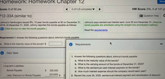 Homework: Homework Chapter 12 Save < 4 of 5 (0 complete) Score: 0 of 50 pts P12-33A (similar to) HW Score: 0%, 0 of 121 p 15